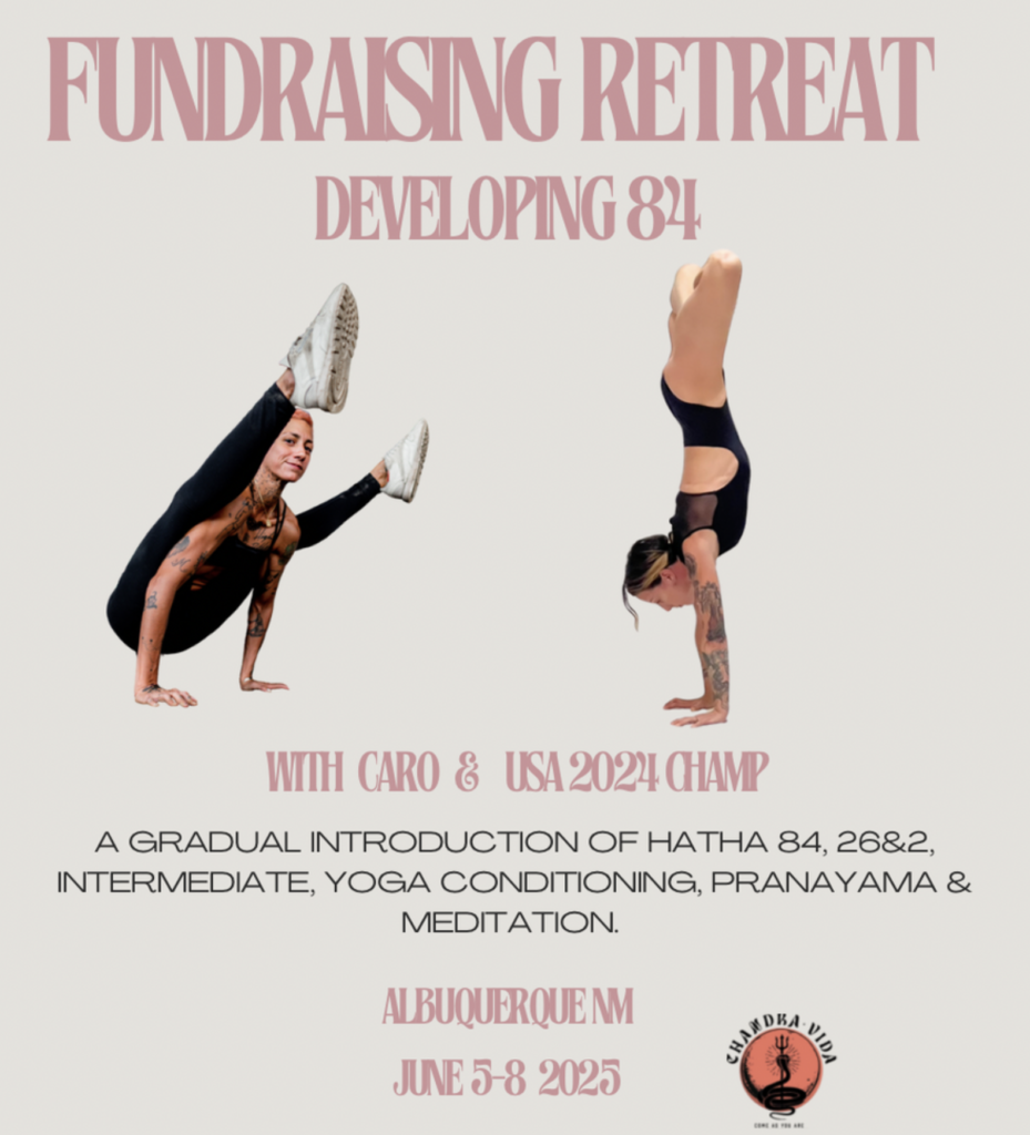 Caro and Tara present advanced postures on a clever poster for the new mexico yoga retreat trip